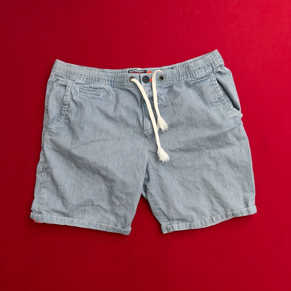 Superdry International Mens Pinstripe Chino Shorts Blue White Size 38 Drawstring